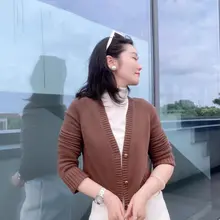 レトロVネック長袖短丈キャッシュミーアウター【秋用・柔らかいニット】