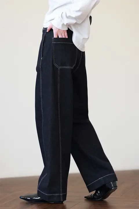 レトロハイウエストデニムパンツ【深い青・スリムフィット・裏起毛・テーパードストレート】