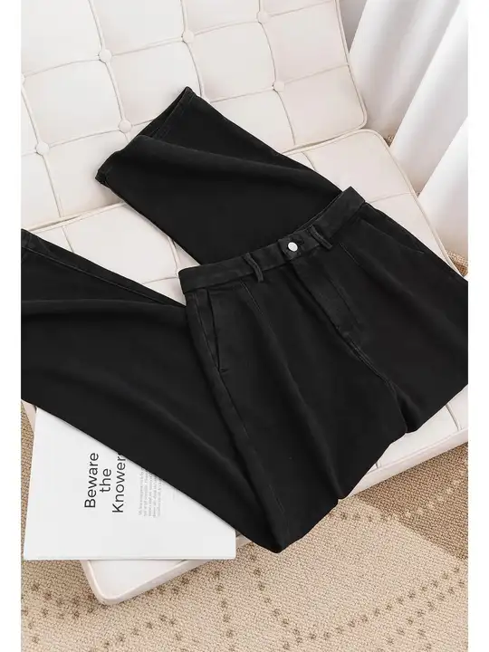 薄手フリース発熱デニムパンツ【トルコハイウエスト・ワイドレッグ・ブラックグレー】（セットアップ対応）