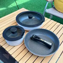 キャンプ用マルチ鍋【麦飯石コーティング・取り外し可能なハンドル・ガスコンロ対応】