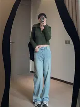 SELFSOLO デニムワイドパンツ【春用・浅い青・折り目デザイン】