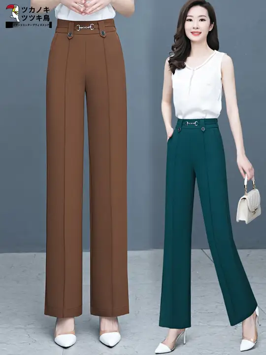 秋冬用無地ストレッチウエストハイウエストストレートパンツ【した着心地・女性用】（セットアップ対応）