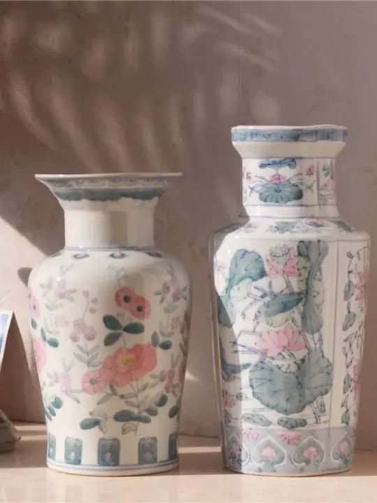 手描きの陶製花瓶【水耕栽培用・粉彩・中式装飾】