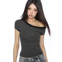 ストライプ斜め肩短袖Tシャツ【レディース・フィット感・夏用・オフショルダー】