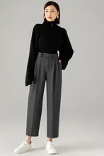 ストライプデザインのハイウエストテーパードパンツ【レディース・ウール混・春秋用・9分丈】