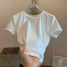 高腰クロップドTシャツ【デザイン肩・ラウンドネック・ベーシック・夏用】