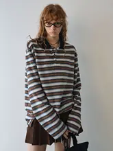 ポロカラーTシャツ レディース 長袖 トップス ストライプ柄 アメカジ ヴィンテージ ルーズ ミディアム丈 春 秋
