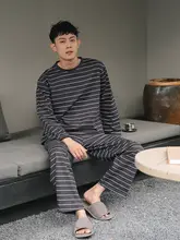 男性用 睡眠着【純綿・薄手・長袖・カジュアルなストライプ・家でも外出もOK】（セットアップ対応）