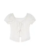 甘い印象のレーストリム付きリボン締め半袖シャツ【女性用・夏向け・上質なデザイン】