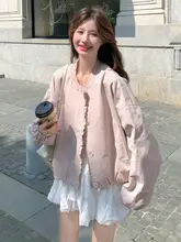 春秋用ピンクのベースボールジャケット【ルーズフィット・短丈・女性用】