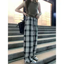感のあるチェック柄リネンパンツ【スタイリッシュ・ロングタイプ】