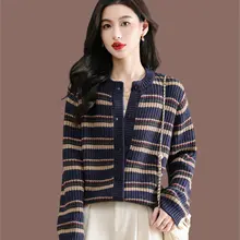 ストライプ柄のウールニットカーディガン【フィット・厚手・女性用】