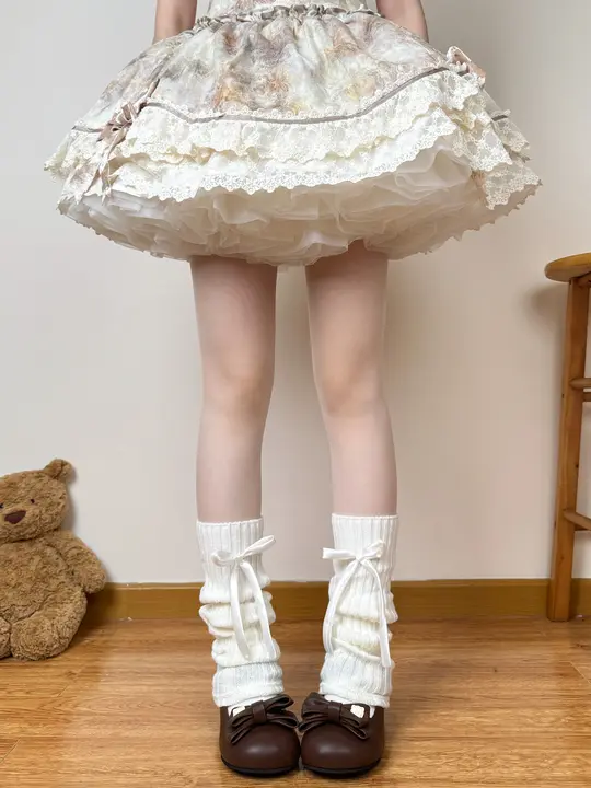 春秋用の可愛いリボン付きレッグウォーマー【ロリータ風・JKスタイル・無地】（セットアップ対応）