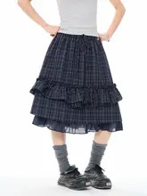 レディース 夏用チェック柄レースフレアミディスカート【学院風・ハイウエスト・体型カバー】（セットアップ対応）