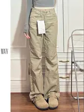 ハイウエストカーキ色ストレートデニムパンツ【春秋用・ゆったりしたシルエット】