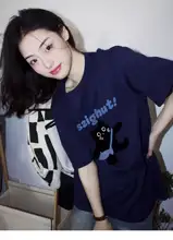 大人可愛いデザイン！カートゥーンキャットプリントのコットンTシャツ【ラウンドネック・半袖・濃紺・大きいサイズ】