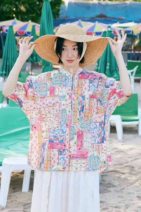半袖シャツ レディース クルーネック バイカラー 総柄 おしゃれ リゾート 夏