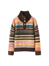 カラフルストライプのポロカラーニットセーター【上品な襟デザイン・ビジネスカジュアル・柔らかな着心地】