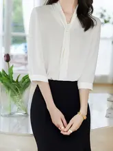 白色の女性用シフォンブラウス【夏用・高品質・フレンチスタイル・ビジネス・フォーマル】（セットアップ対応）