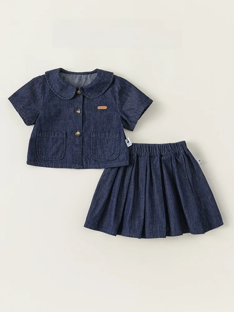 2歳女の子服 おしゃれ レトロシンプルデニムセット プリーツスカート対応
