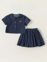 デニム 2点セット キッズ ガールズ ヴィンテージ シンプル ペプラムトップス プリーツスカート おしゃれ 夏