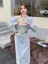 レースショール付きデニムワンピース【フランス風・ロング丈・美ラインシルエット】