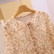 花柄ドロップショルダーセミフレアワンピース【リボン付き・ウエストゴム・秋用】