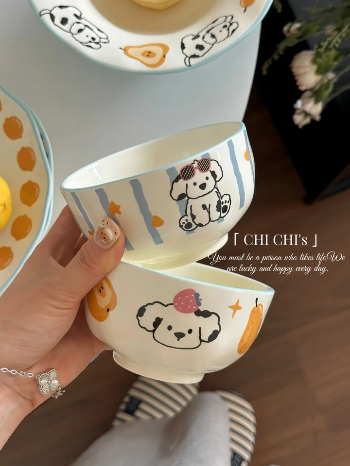 かわいい犬のデザインの陶磁器食器セット【青白いカラースキーム・家庭用・ご飯碗・浅皿・スープ皿】（セットアップ対応）