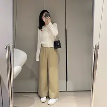カーキ色 レディース フィット ワイドレッグパンツ【春秋用・カジュアル・スリム効果】