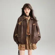 バタフライ刺繍の高級感あるブラウンレザージャケット【秋冬・レトロスタイル】