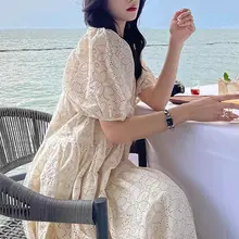 春夏用 ビンテージスタイル バルーンスリーブ レースデザインのワンピース【フィット・大きいサイズ対応】
