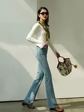春秋用ハイウエスト青デニムパンツ【ストレッチ・フレア・スリムフィット】