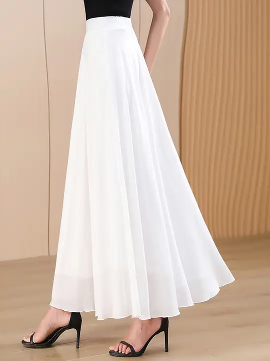華やかな印象の白色シフォン半身スカート【Aライン・高腰・大きめの裾・中丈】