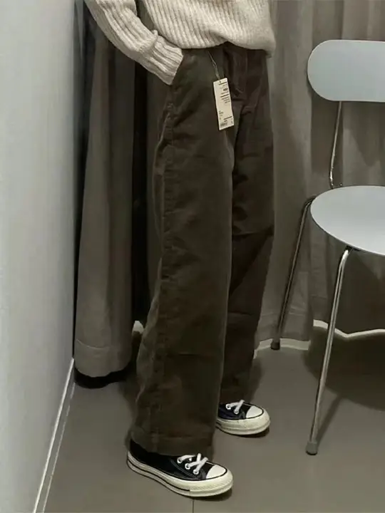 グレーとブラウンのコーデュロイワイドパンツ【高腰・シンプルでレトロなデザイン・秋冬用】