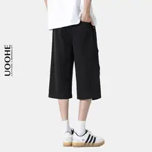 夏用 薄手のしわ加工アイスシルクパンツ【通気性・七分丈・男士用・アウトドア・ゆったりストレート】