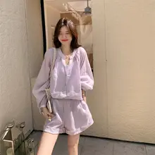夏用フレンチスタイルのラベンダー色シャツとショートパンツ【小柄対応・気軽に着れる】（セットアップ対応）