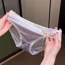 フレンチリボンデザインのレース低腰女性用パンティ【高級サテン・透湿・三角型】