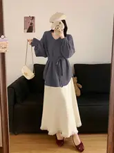 大きいサイズ レディース 秋冬用 素敵なウエストリボンVネックニットセーターとスカートの2点セット（セットアップ対応）