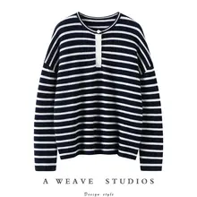 海洋ストライプヘンリーネック全羊毛ニットプルオーバー【デザイン・女性用】（セットアップ対応）