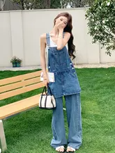 ブルーのデニムサロペットパンツ【カジュアルデザイン・女性用・長ズボン】（セットアップ対応）