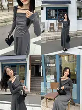 デザイン性のある長袖TシャツとAラインスカート【高腰・ロング丈・秋用】（セットアップ対応）