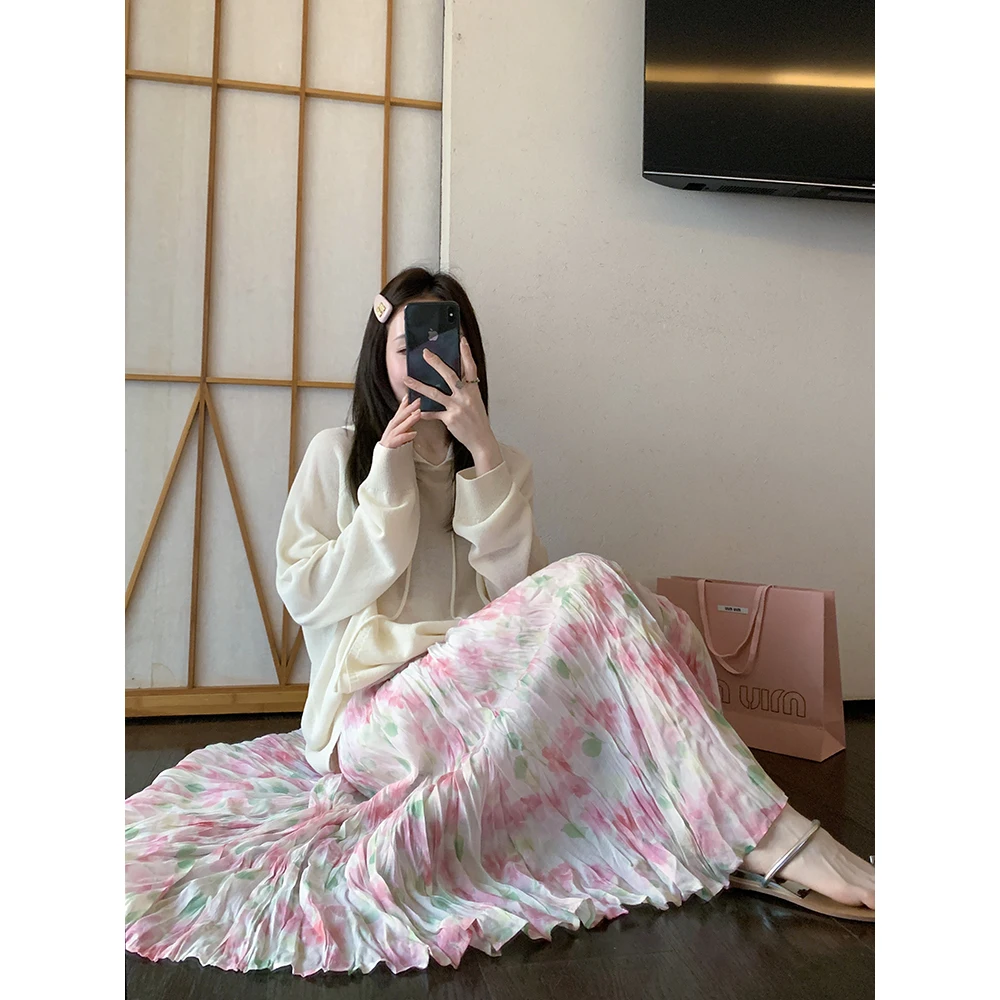 ピンク花柄のハイウエストスカート【春夏・プリーツデザイン・Aライン】