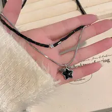ブラックレザー製 星形ネックレス【ダブルレイヤー・鎖骨ネックレス】