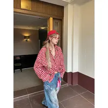 アメリカンレトロ 赤いチェック柄長袖シャツ【ゆったりとしたデザイン・UVカット対応】