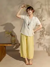 夏用 新中式デザインのゆったりとした花柄半袖トップス【レース付き】と広がるパンツ（セットアップ対応）