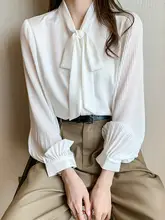 リボン付きホワイトシャツ【長袖・ゆったりシルエット・シフォン素材】