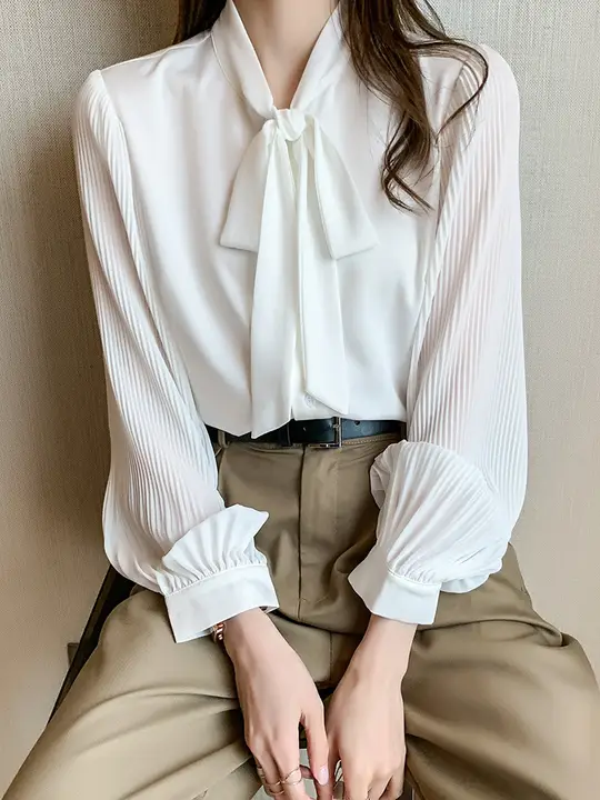 リボン付きホワイトシャツ【長袖・ゆったりシルエット・シフォン素材】