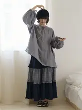 デザイン性のあるデニム切替シフォンロングスカート【秋用・ゆったりシルエット・女性用】（セットアップ対応）