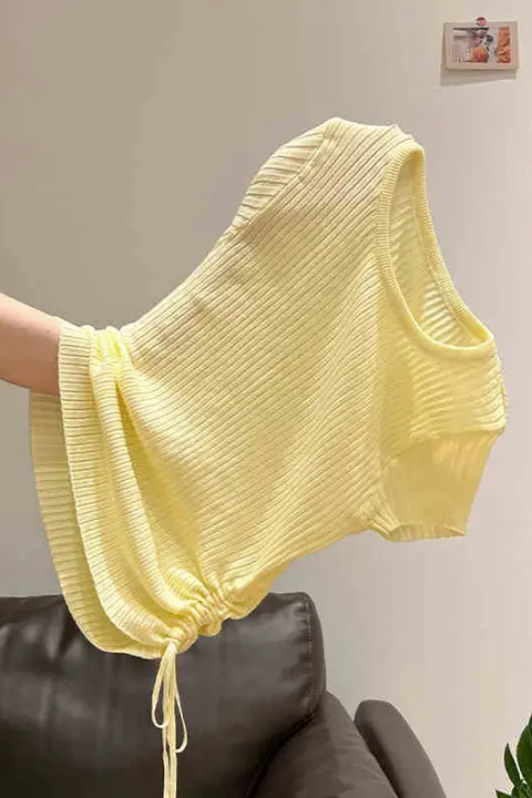紫色の美しいラウンドネックニットTシャツ【短袖・夏用・軽やかで快適・ウエストシェイプデザイン】