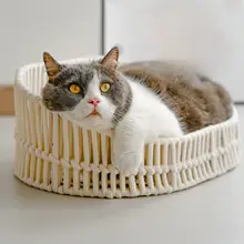 手編みコットンロープ製 猫用オープンベッド【麻素材・頑丈で耐久性・シンプルデザイン・楕円形】